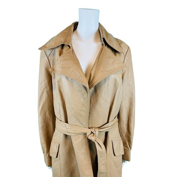 Vintage 1970s Leather Coat Women's Khaki USA Wilsons Open Trench | B 43" - Picture 3 of 10